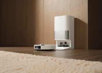 A sleek white robotic vacuum cleaner is parked at its self-emptying and charging station in a modern, minimalist room with light hardwood floors and simple decor.