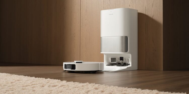 A sleek white robotic vacuum cleaner is parked at its self-emptying and charging station in a modern, minimalist room with light hardwood floors and simple decor.