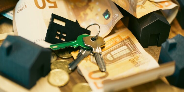 House keys euro banknotes coins, real estate financial