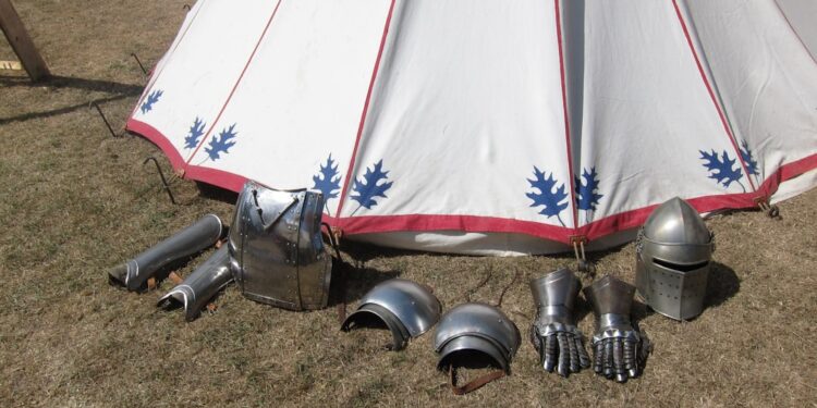Medieval armour on display in a camp during the Medieval Festival in Bouillon, Belgium