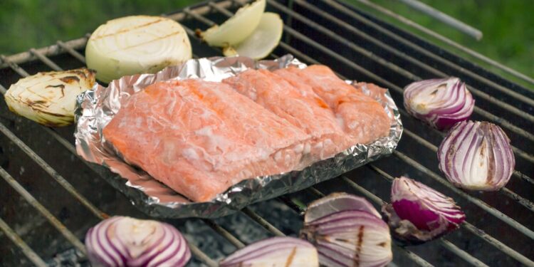 Een vers stuk zalm op de grill met sappen