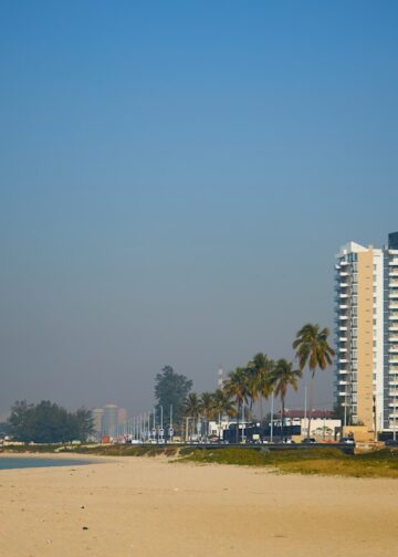 Strand met gebouw en palmbomen in Palm Beach Florida