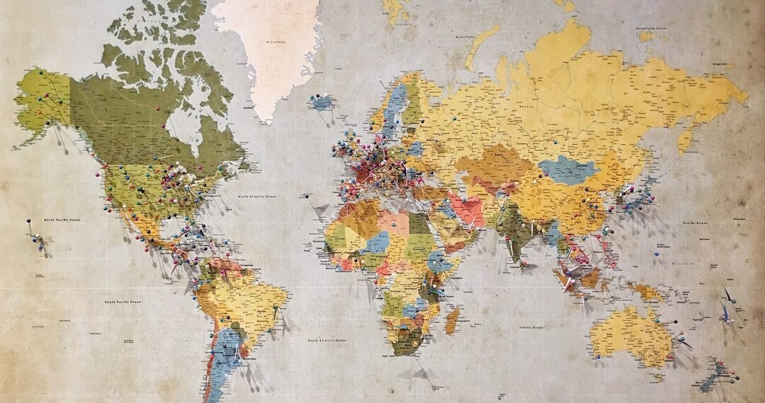 Pinned locations on map of globe.