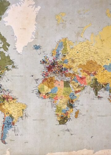 Pinned locations on map of globe.