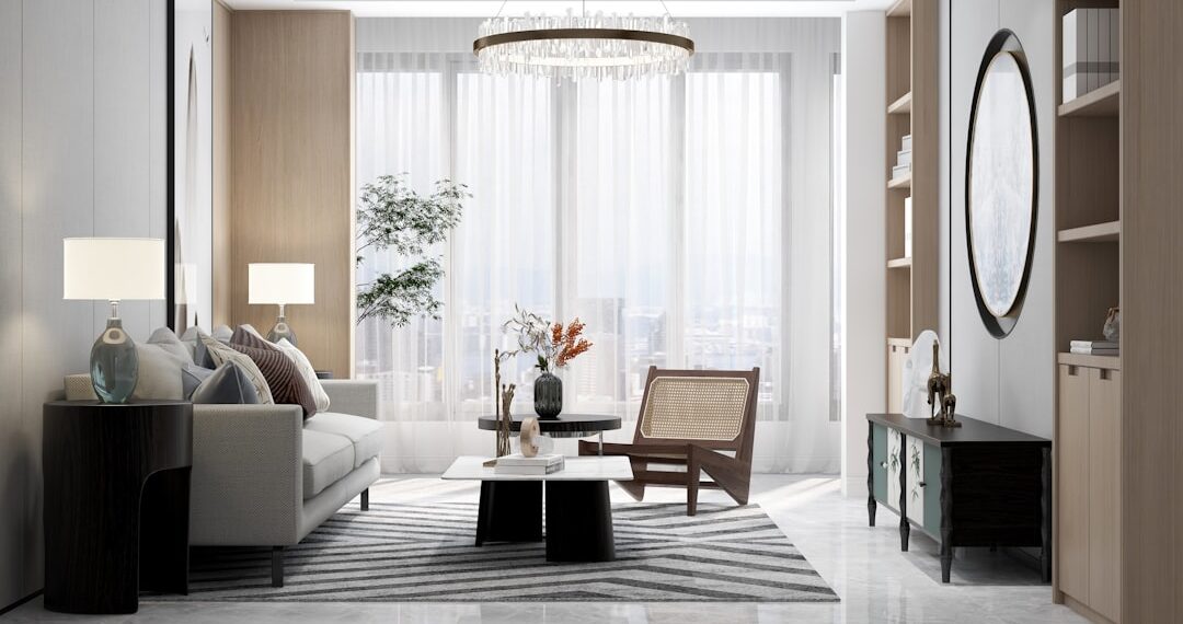 Stylish apartment interior with open-concept living, warm lighting, and functional furniture.