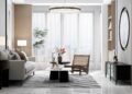 Stylish apartment interior with open-concept living, warm lighting, and functional furniture.