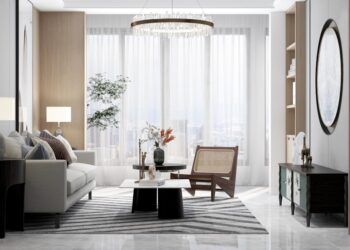 Stylish apartment interior with open-concept living, warm lighting, and functional furniture.