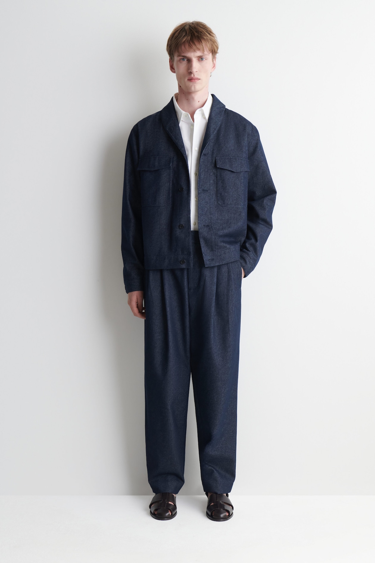 Indigo overshirt met sjaalkraag