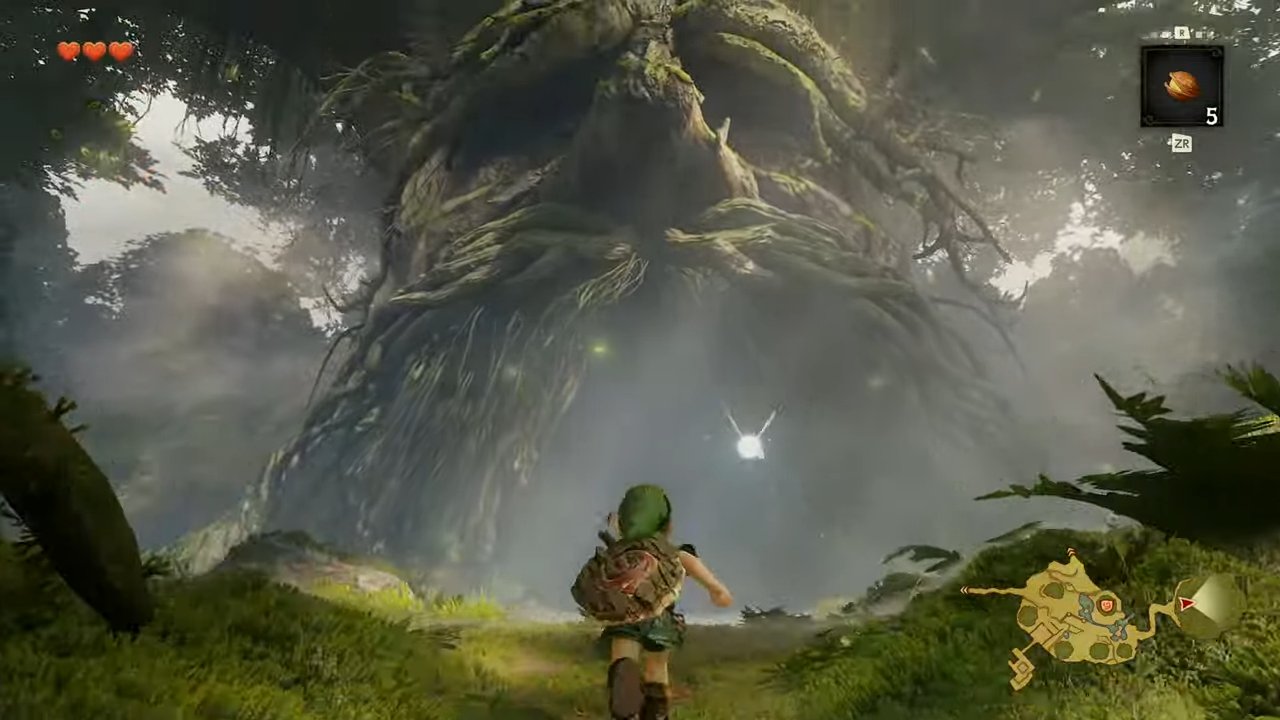 Link en Navi staan voor de Grote Deku-boom in het Kokiri-bos