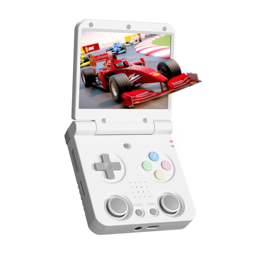 Miyoo Flip clamshell-handheld dichtgeklapt en opengeklapt