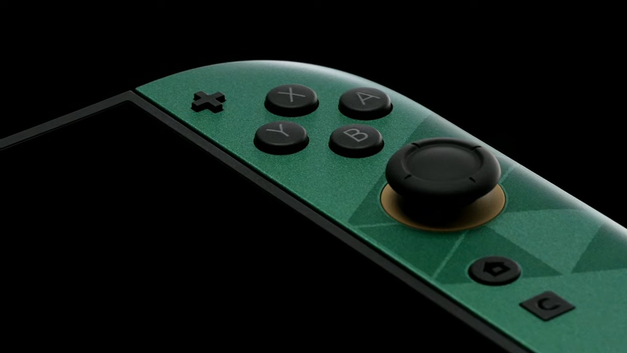 Close-up van de groene Joy-Con van de Zelda-editie met een gouden ring om de stick