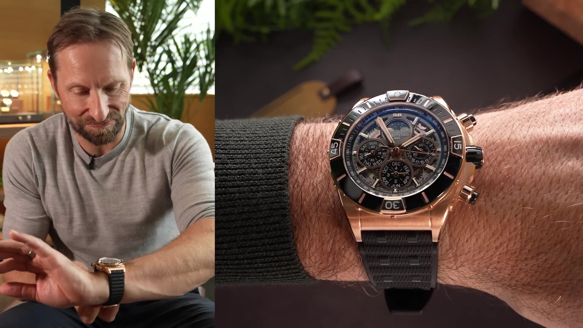 Een Super Chronomat B19 met eeuwigdurende kalender van Breitling om de pols, het basismodel van de Valhalla-versie