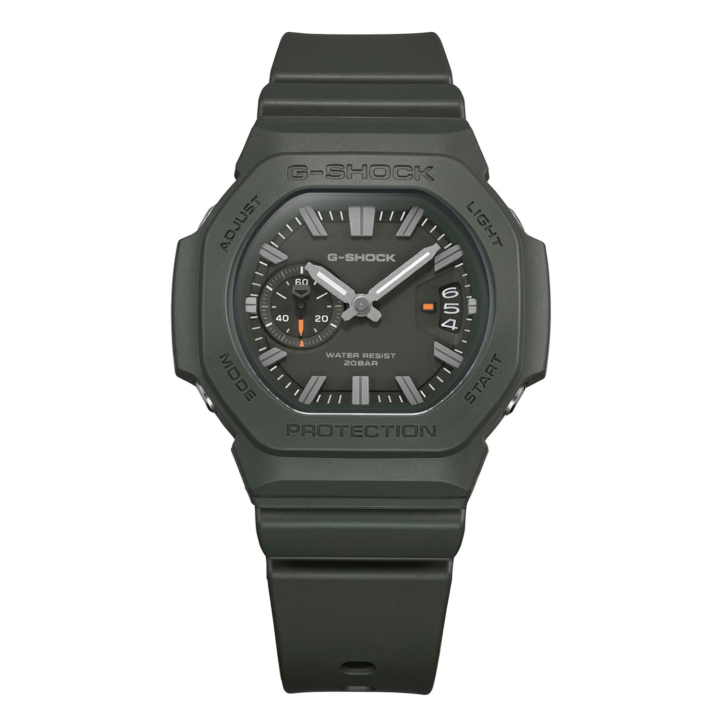 Groene G-Shock GAC-2500-3A met oranje secondewijzer en datumvenster op drie uur