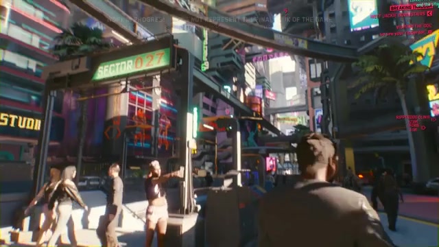 Straat in Night City uit Cyberpunk 2077 met voetgangers en neonborden