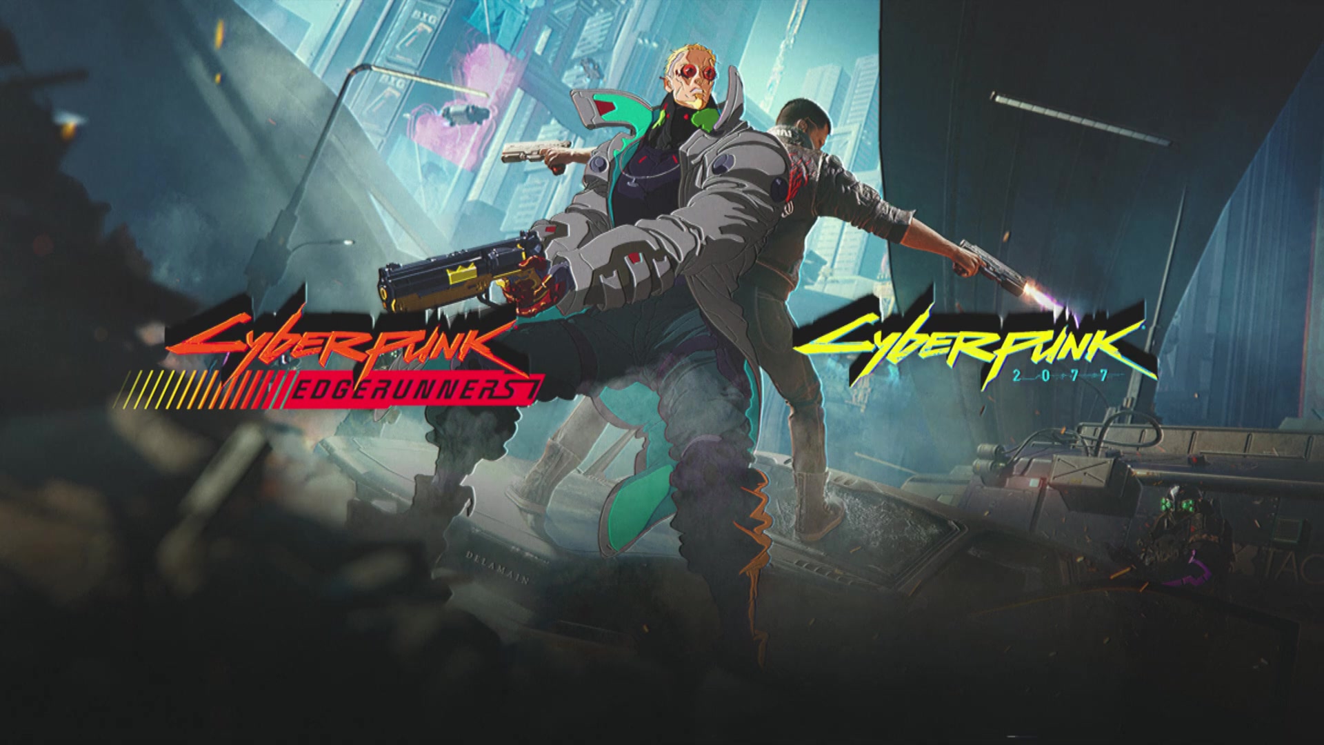 Artwork van Cyberpunk 2077 en Cyberpunk Edgerunners met twee personages met pistolen in Night City