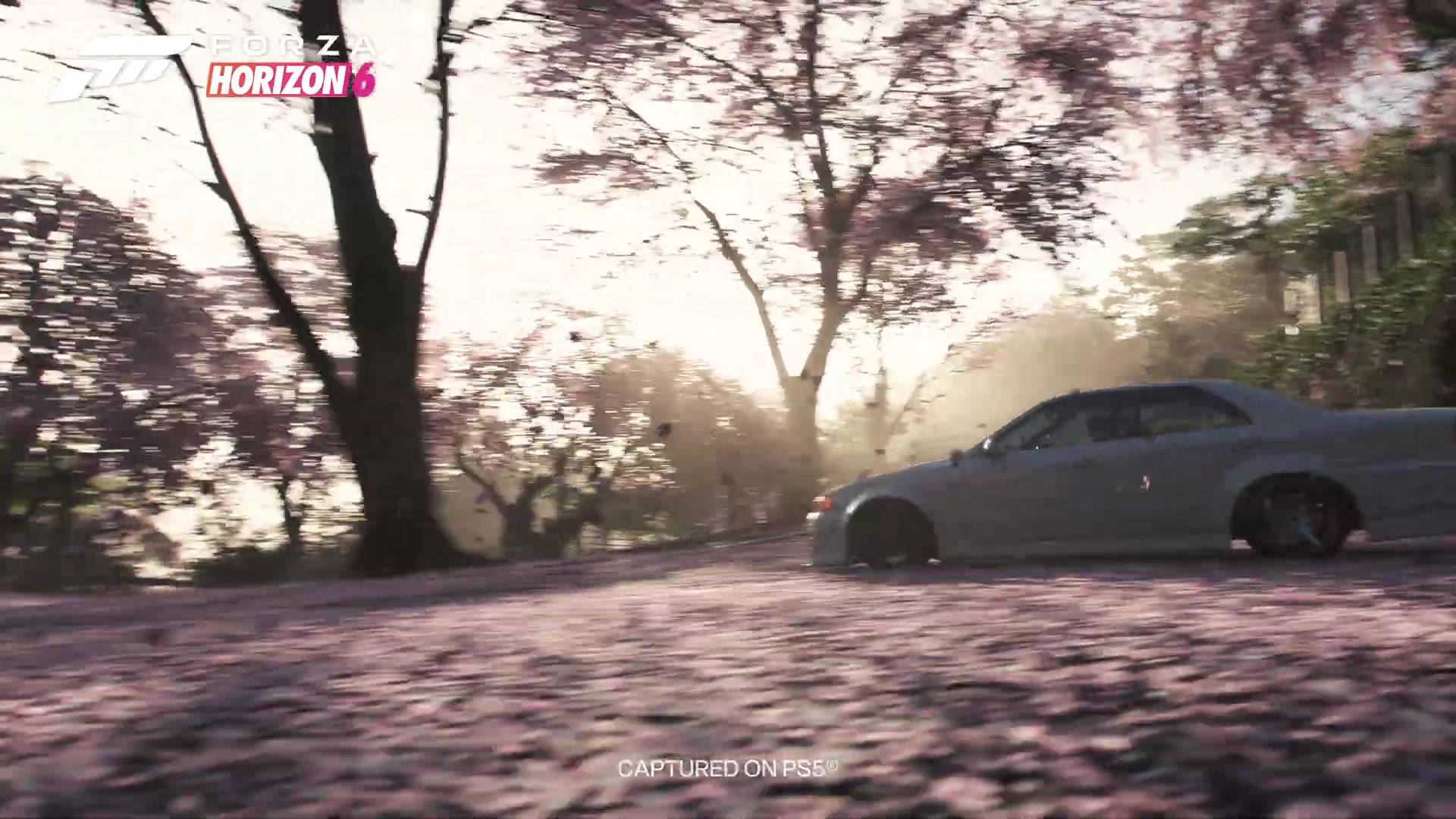 Auto drift over een weg met kersenbloesems in Forza Horizon 6 op de PS5