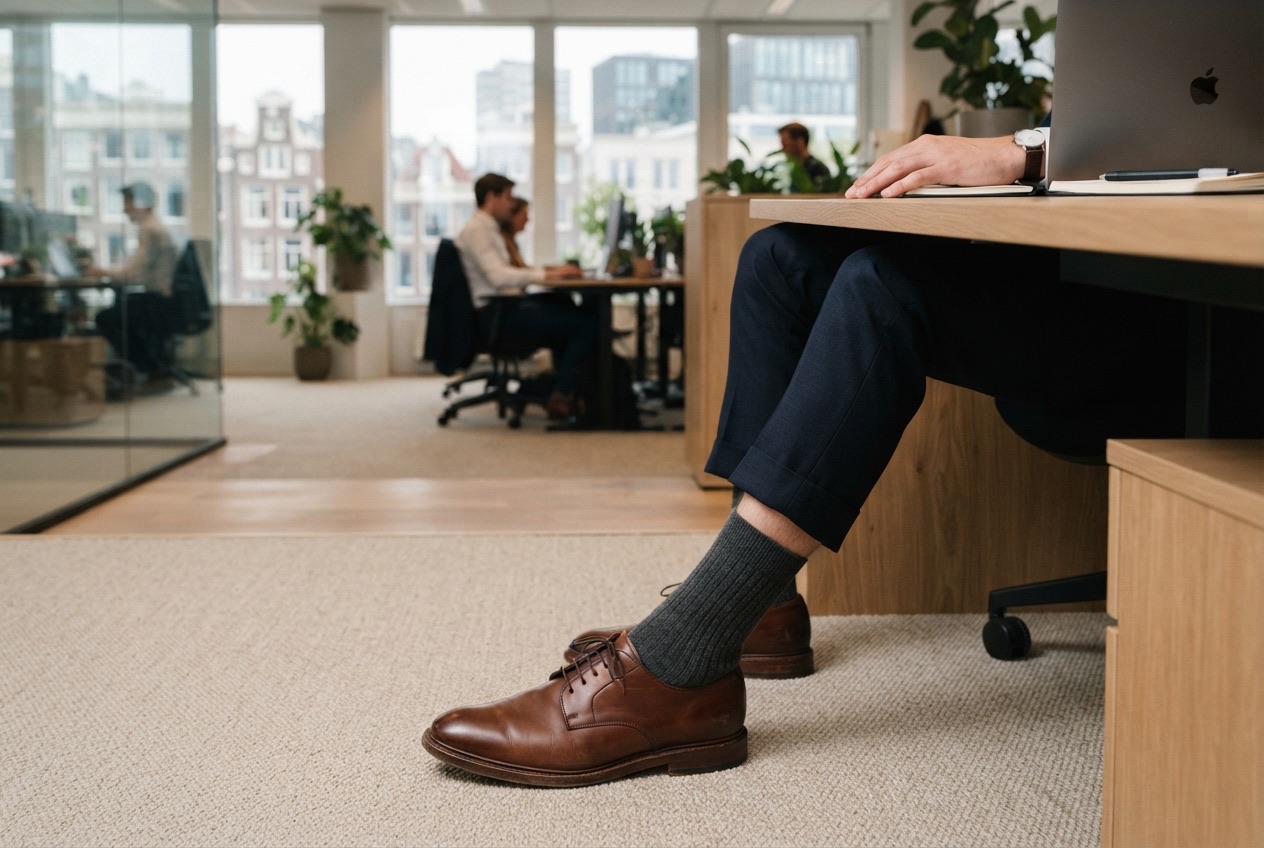 Antraciet wollen sok met ribbel in een bruine leren schoen