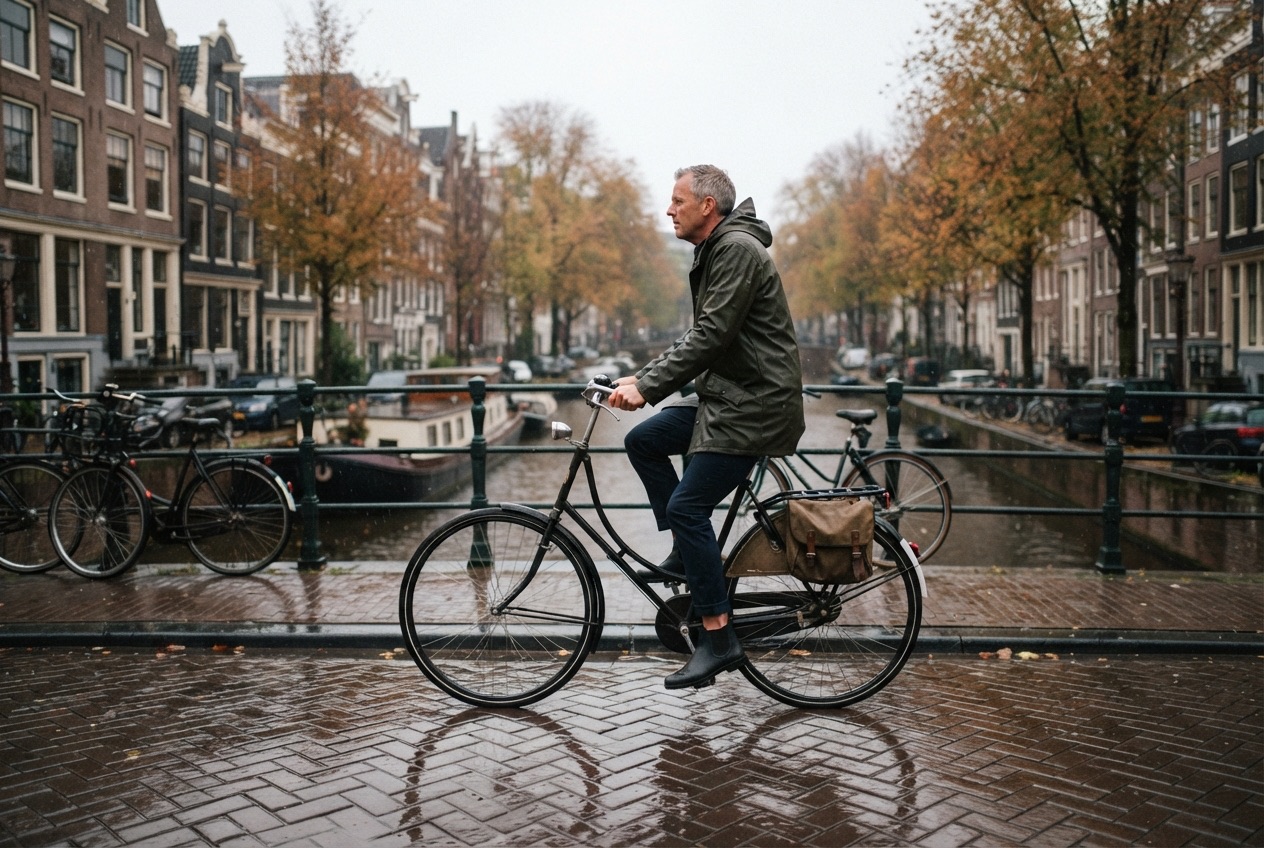 Man fietst door de regen naar zijn werk in een Nederlandse stad