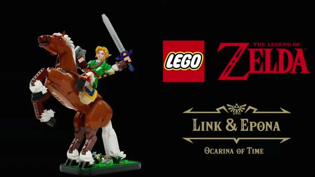 LEGO-bouwwerk van Link op een steigerende Epona