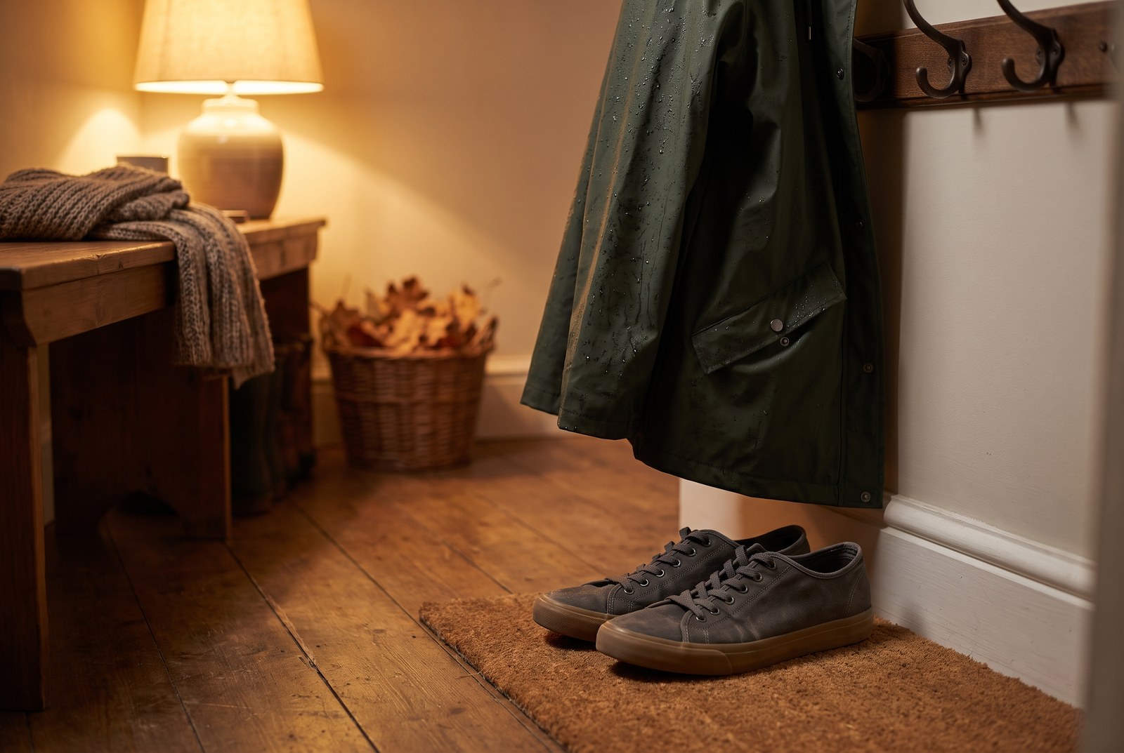 Grijze sneakers op de deurmat onder een regenjas in de gang