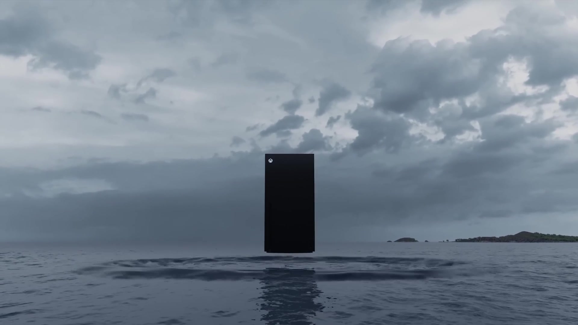 De Xbox Series X als zwarte toren boven het water in de officiële onthullingsfilm