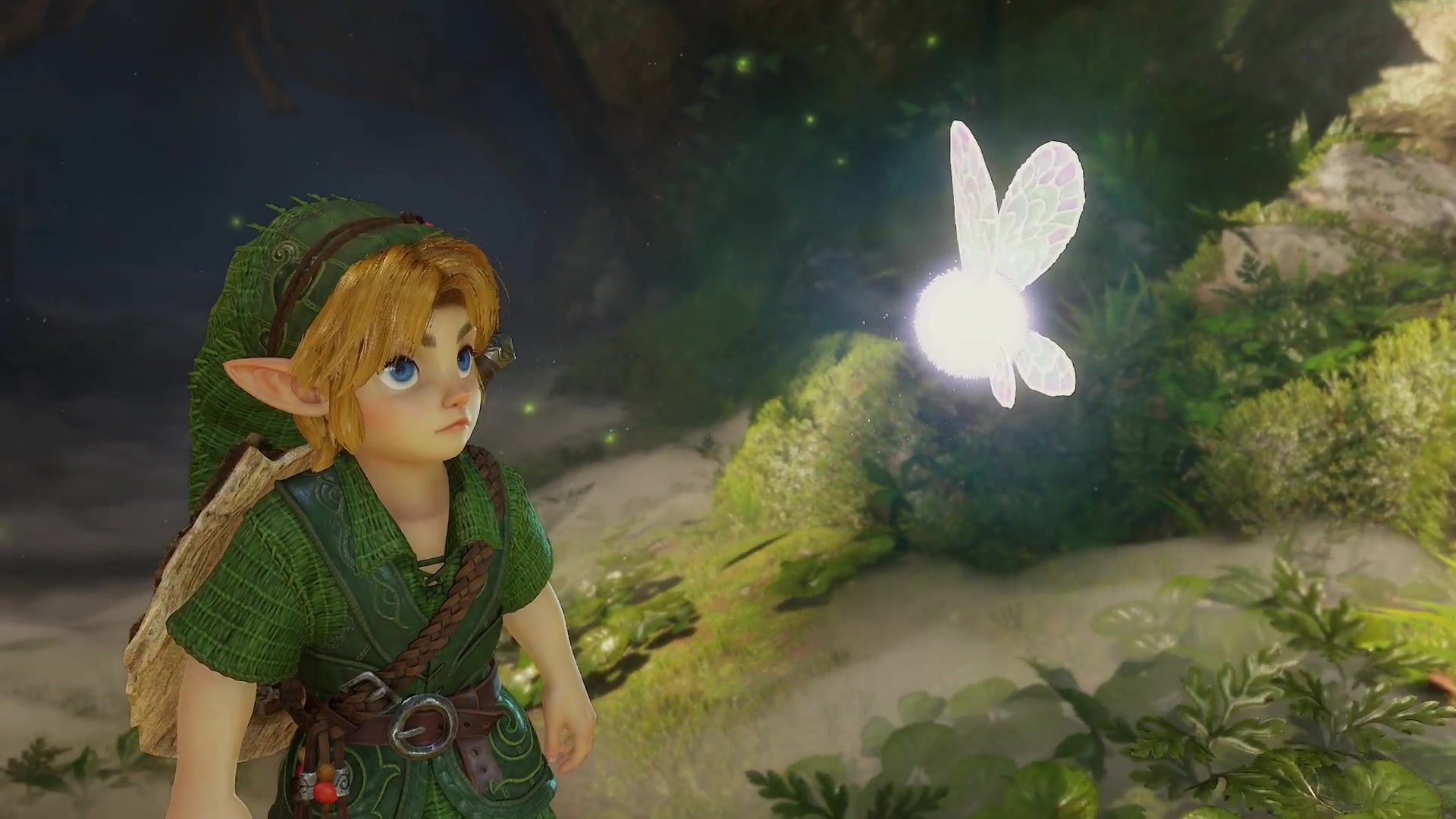 Jonge Link met de fee Navi in het Kokiri-bos in de Switch 2-remake van Ocarina of Time
